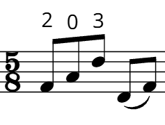 5/8 Time Signature Example with 3+2 Beat Grouping Musical notation showing a 5/8 time signature with three eighth notes followed by two eighth notes, illustrating a 3+2 rhythmic grouping.