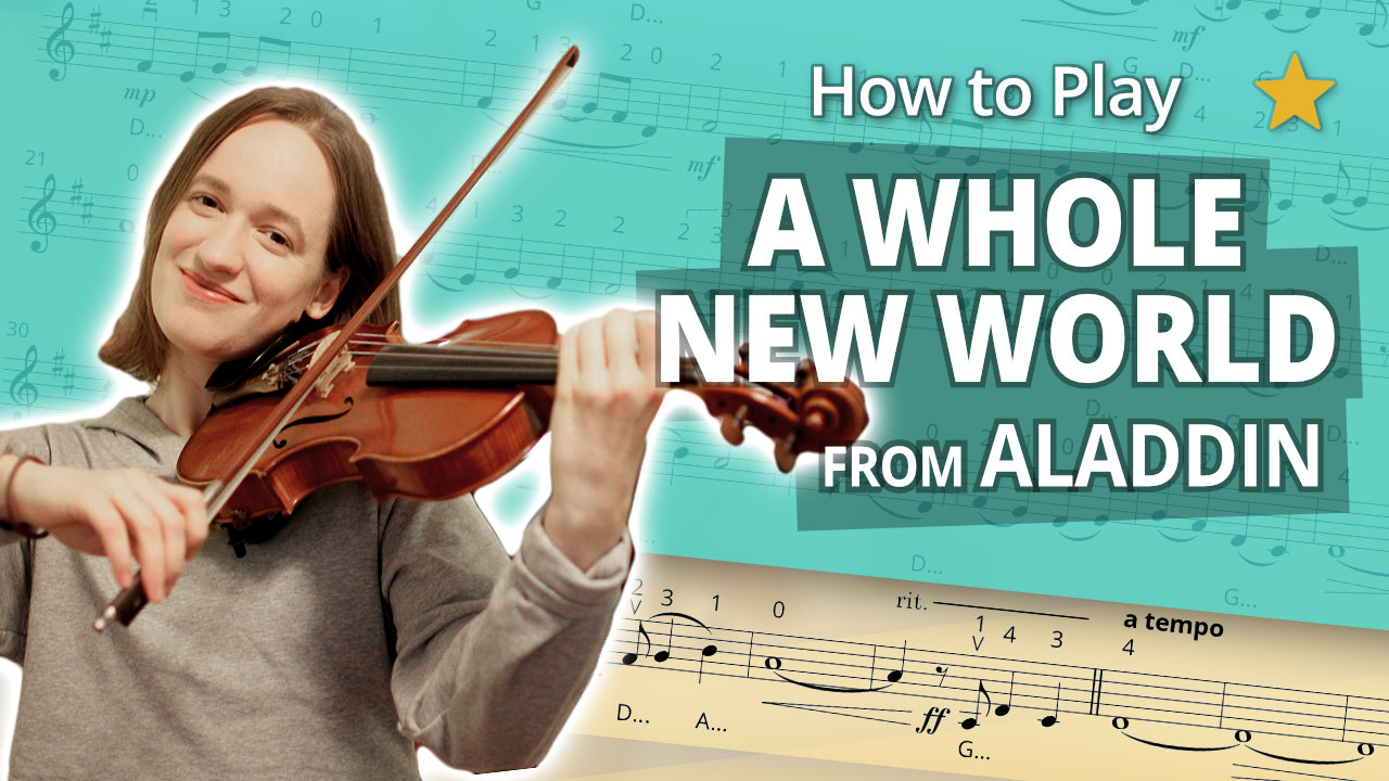 How to Play A Whole New World from Aladdin - Play-Along Beginner Tutorial - Violin Sheet Music + Piano Accompaniment