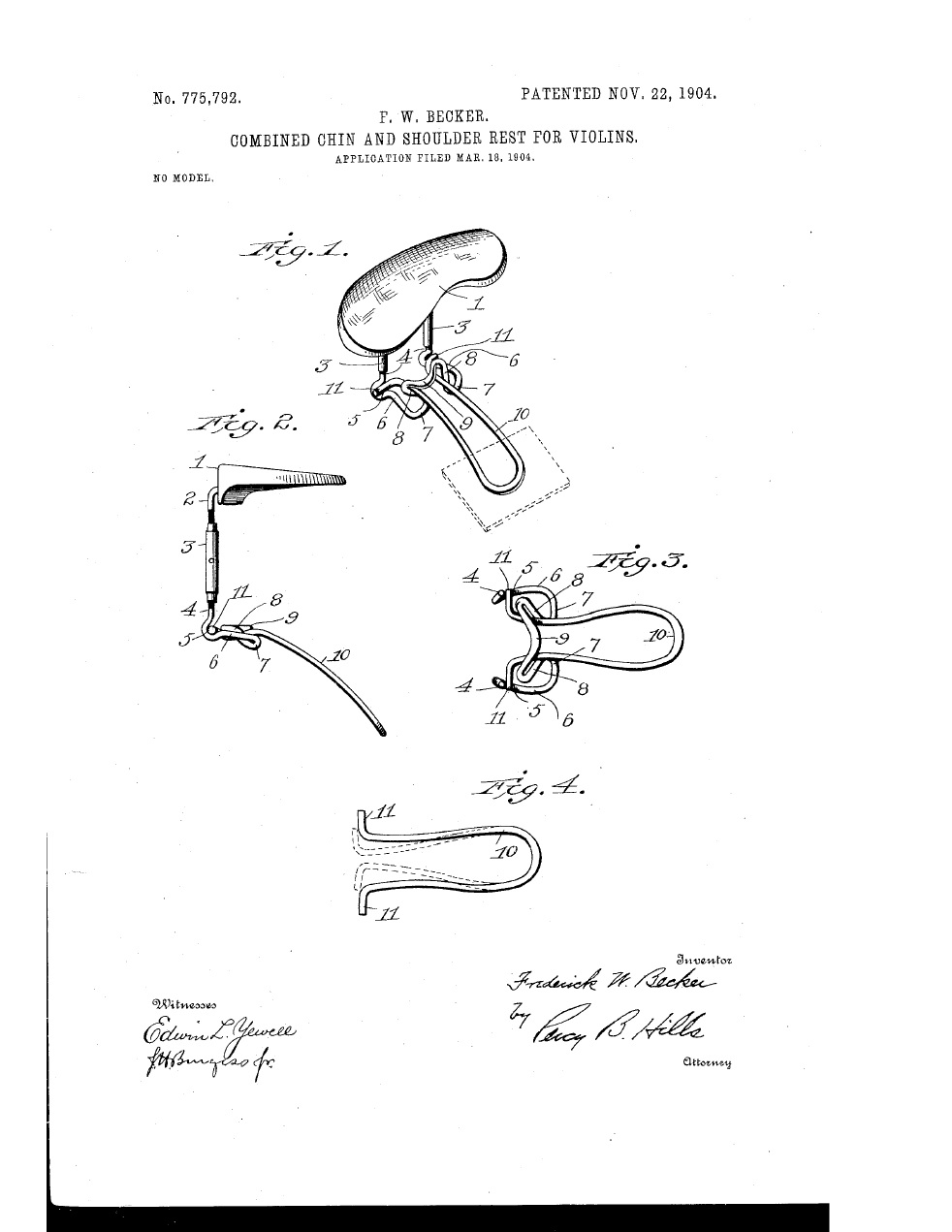 Violin Shoulder Rest - combined chin and shoulder rest patent by F. Becker