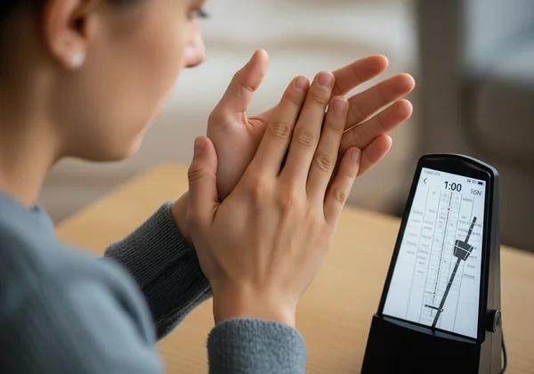 Practicing Music Rhythms by Clapping with a Metronome Person clapping their hands alongside a metronome to practice musical rhythms before playing an instrument.
