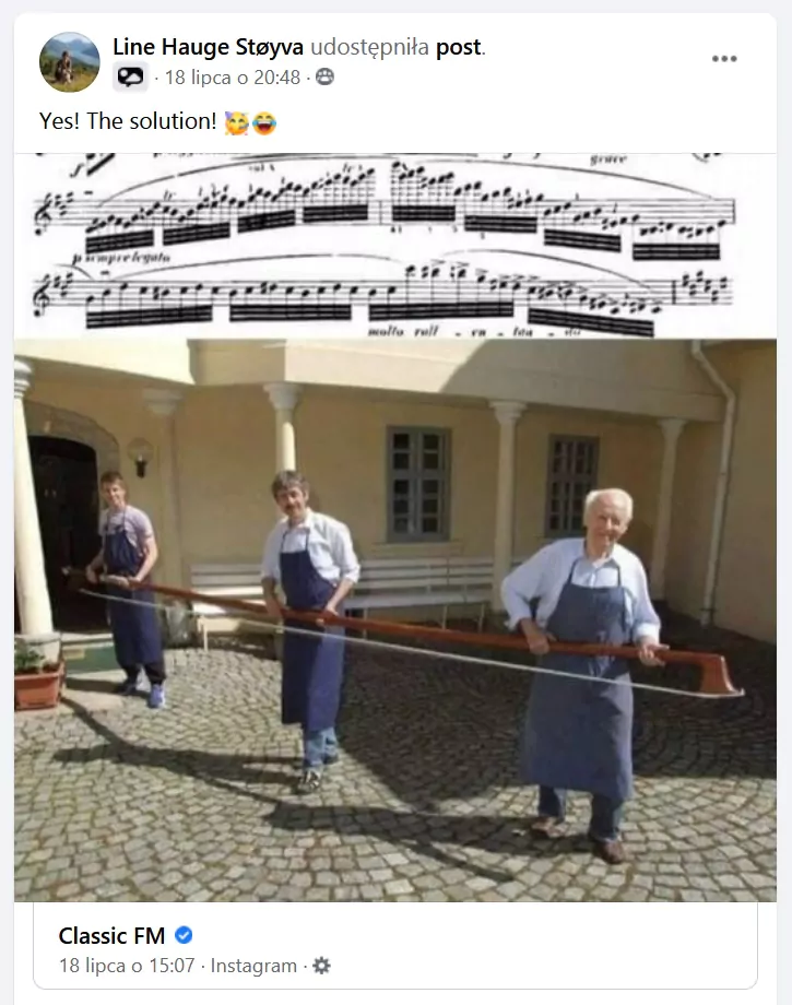 Three men holding an oversized violin bow as a humorous solution to playing a difficult scale