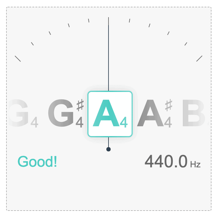 Online violin tuner showing A4 in tune at 440.0 Hz