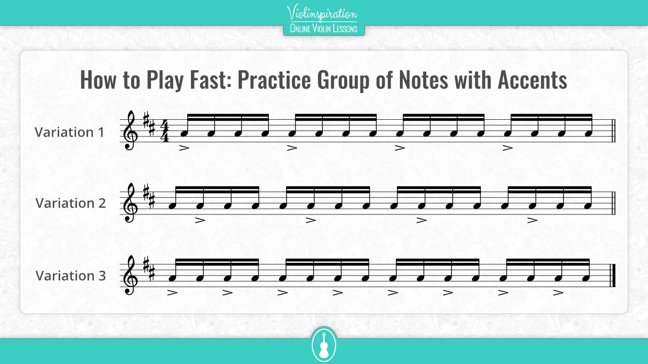 Exercise sheet showing accent patterns for practicing fast violin note groups