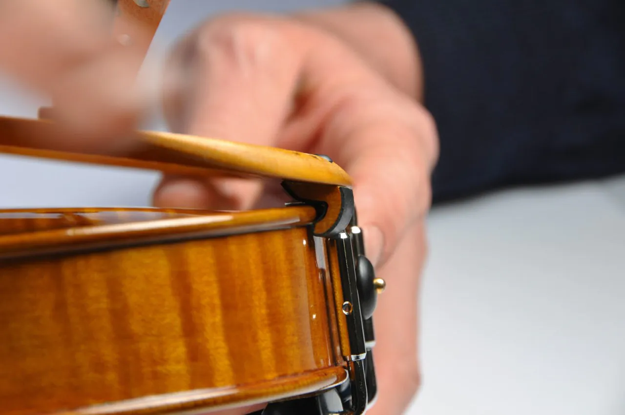 Close-up of the bottom contact point on a violin.