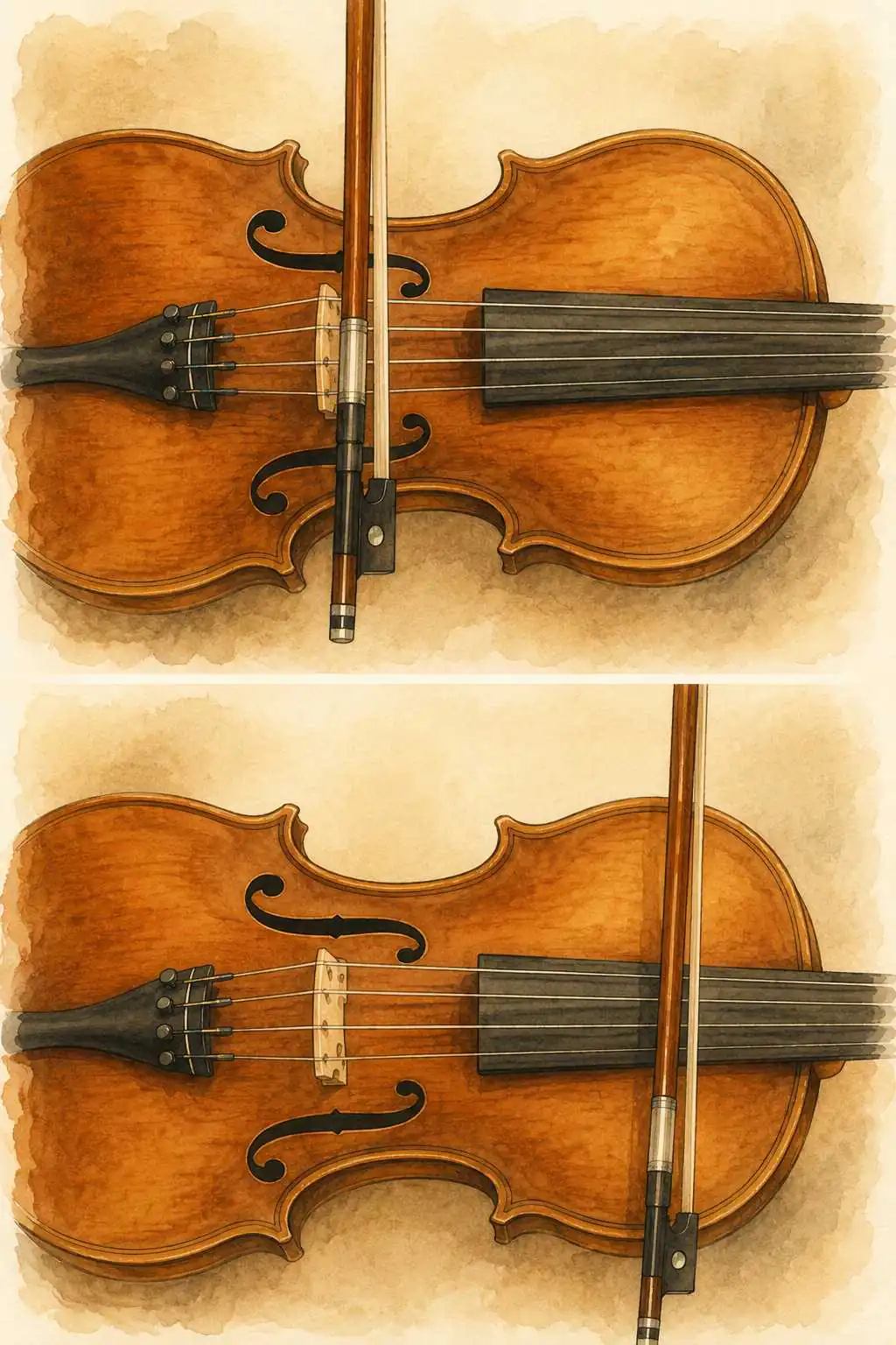 Comparison of a violin bow placed near the bridge and farther from the bridge