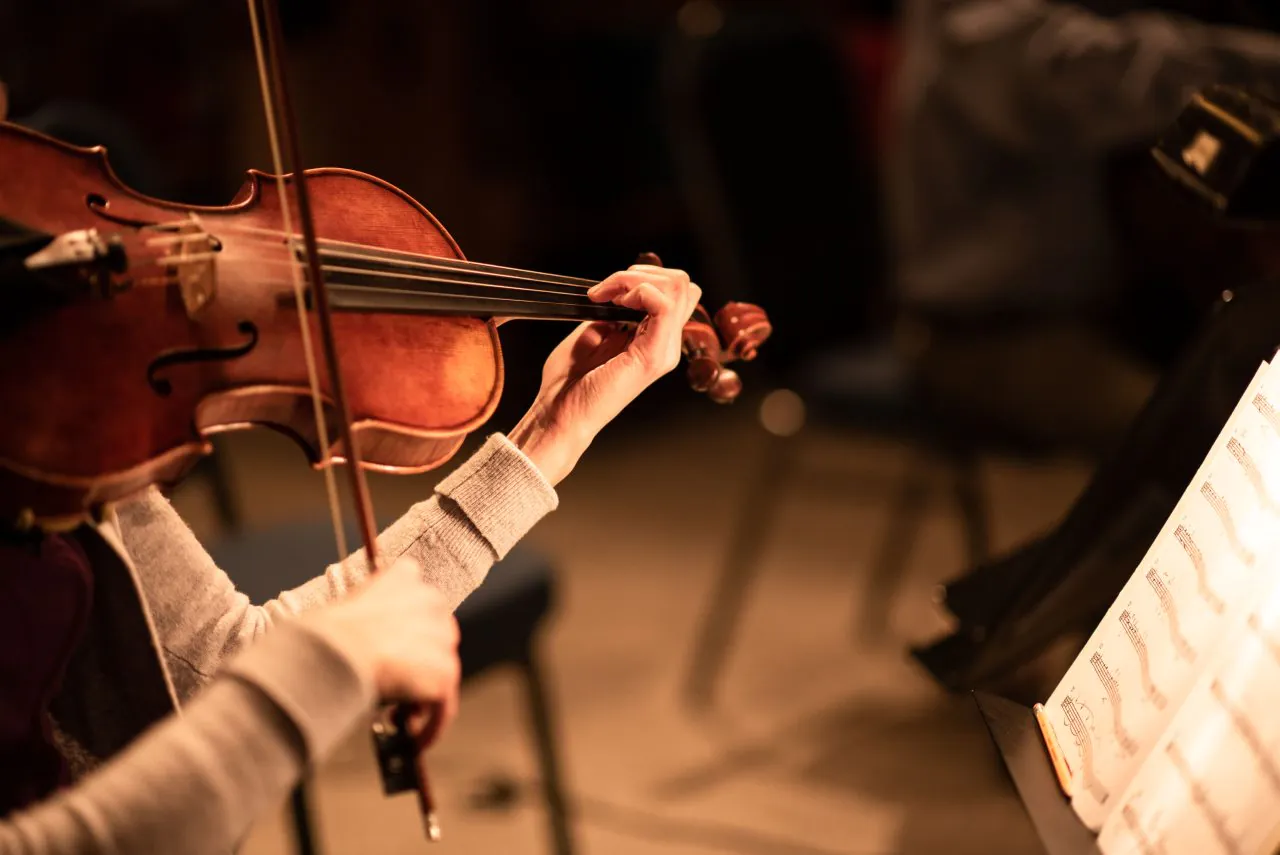 Violinist playing with curved left-hand fingers positioned close to the fingerboard