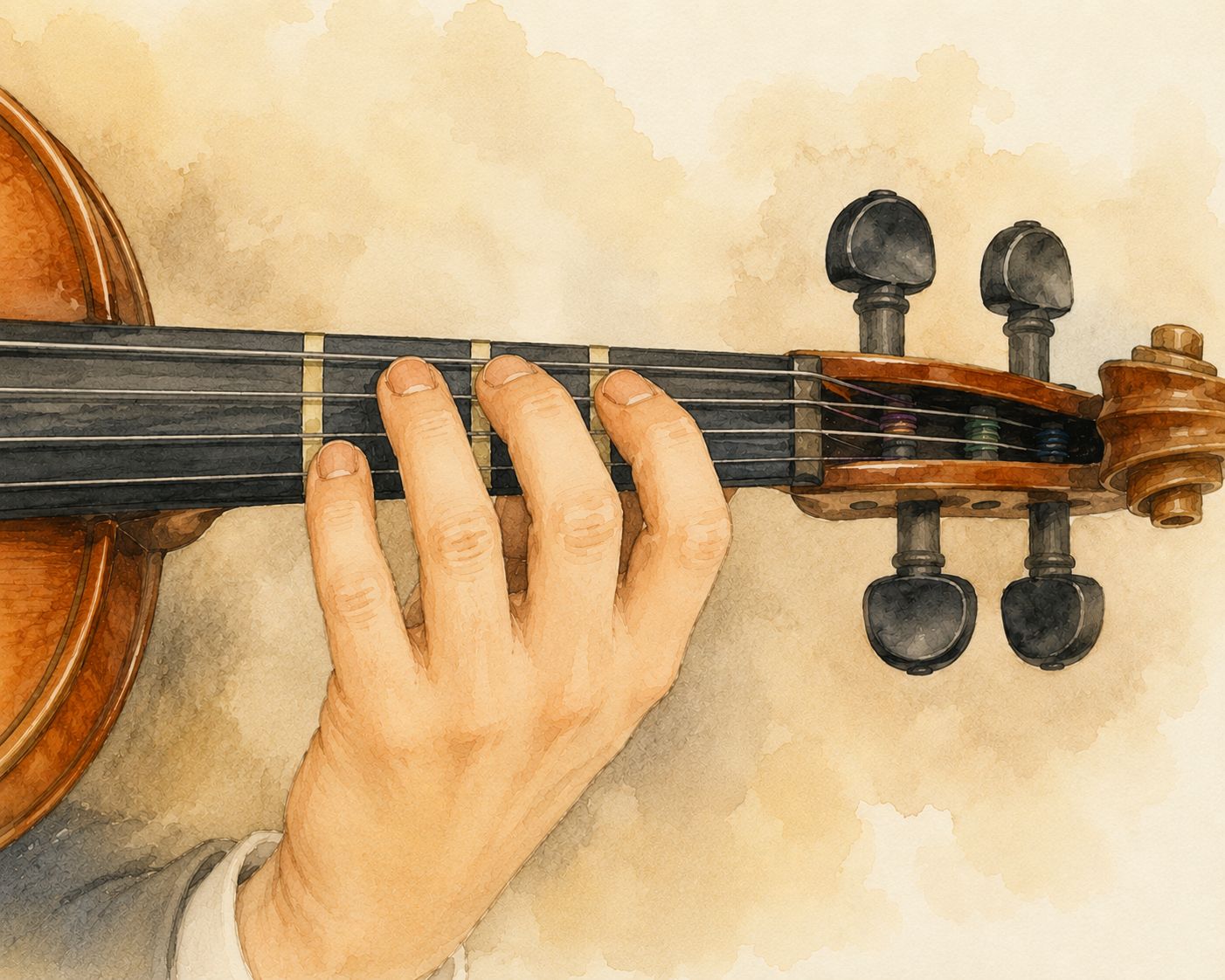 Illustration showing left hand placement in half position on the violin fingerboard