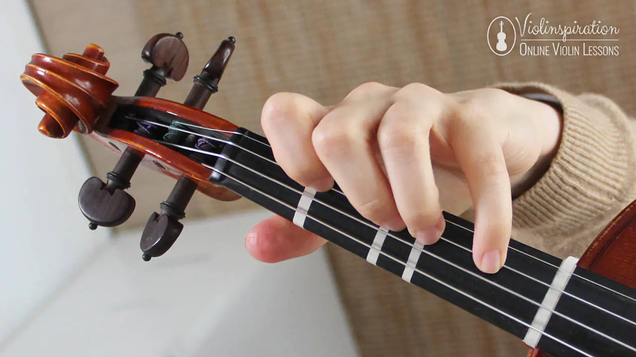 Close-up of a violinist's left hand with fingers resting on the fingerboard in proper playing position