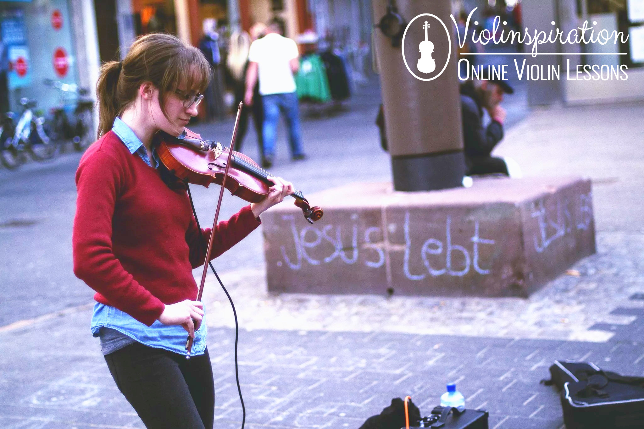violin pickup - Julia as a street musician with violin connected to an amplifier