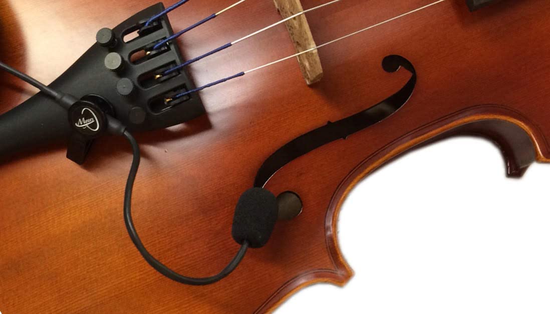 violin pickup - the Feather Violin Pickup with Flexible Micro-Gooseneck by Mayers Pickups - mounted on a violin