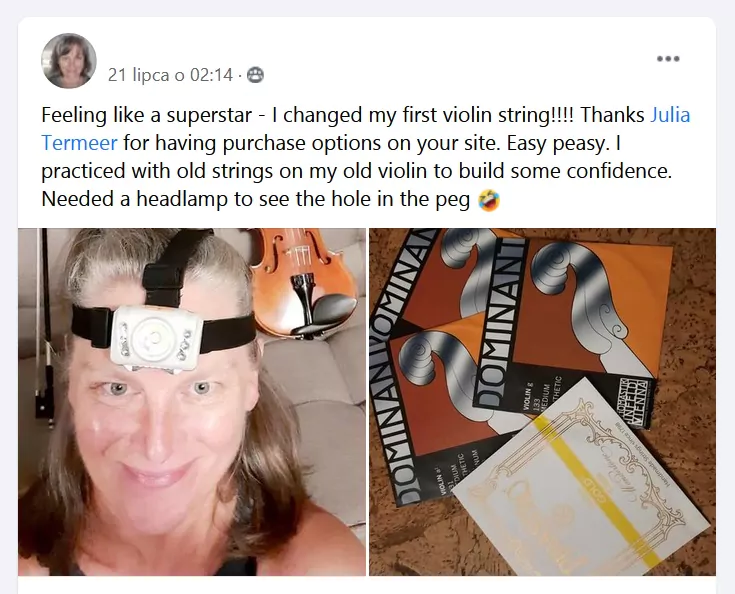 Facebook community post showing a woman proudly holding her violin after changing her first string
