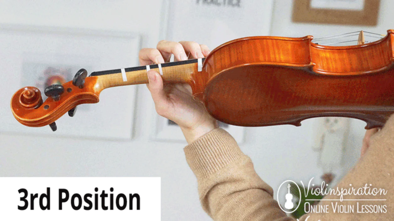 Left-side view of a violinist’s hand playing in third position on the violin